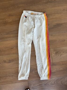 Aviator Nation Cream Hoodie with Rainbow Stripe Trim